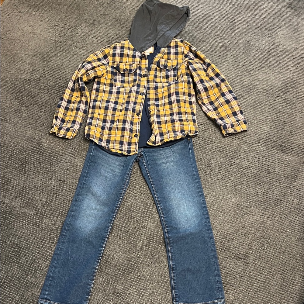 Yellow Plaid hooded button down Shirt & Blue Jeans